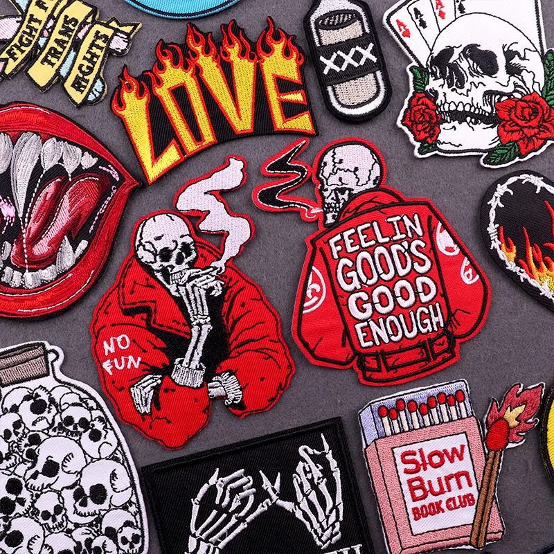 Punk Smoke Skeleton Patch Iron On Patches For Clothing Stickers Horror Skull Embroidered Patches On Clothes Jacket Sewing Patch