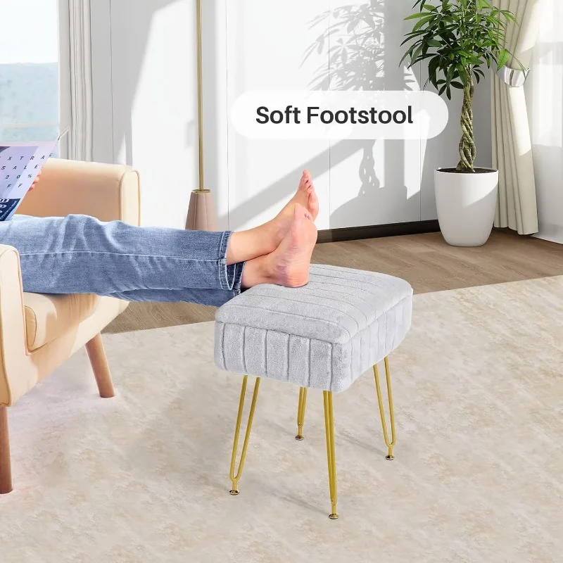 Stool with Storage, Vanity Stool Chair, Faux Fur Vanity Chair with Gold Leg, Footrest Footstool Ottoman, Multifunctional Makeup