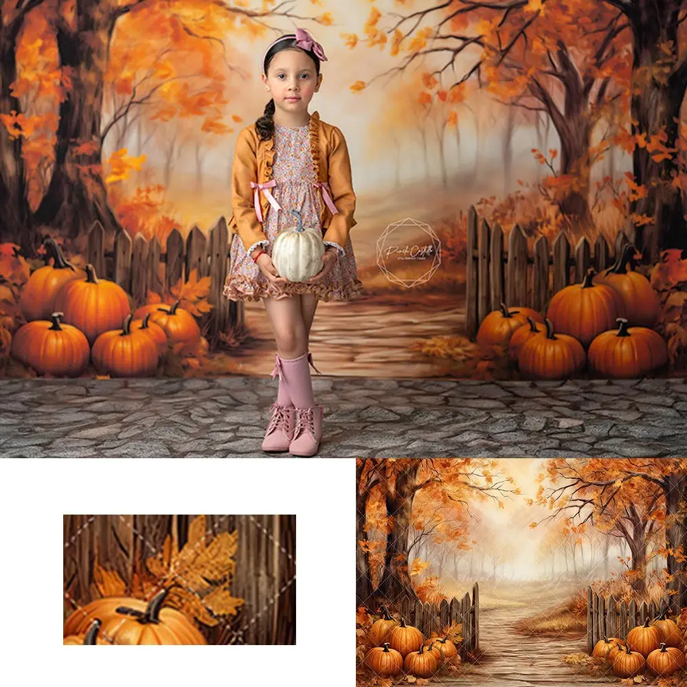 

Fall View with the Fence and Pumpkin Backdrop Kids Baby Cake Smash Photography Props Child Adult Birthday Photo Shoot Background