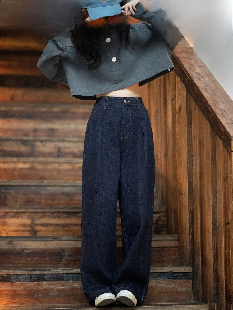 

Джинсы Maden Retro Original Color Denim с плиссировкой, широкие, свободные, прямые, в рабочем стиле, осенние, женские, с высокой талией, из смесового хлопка