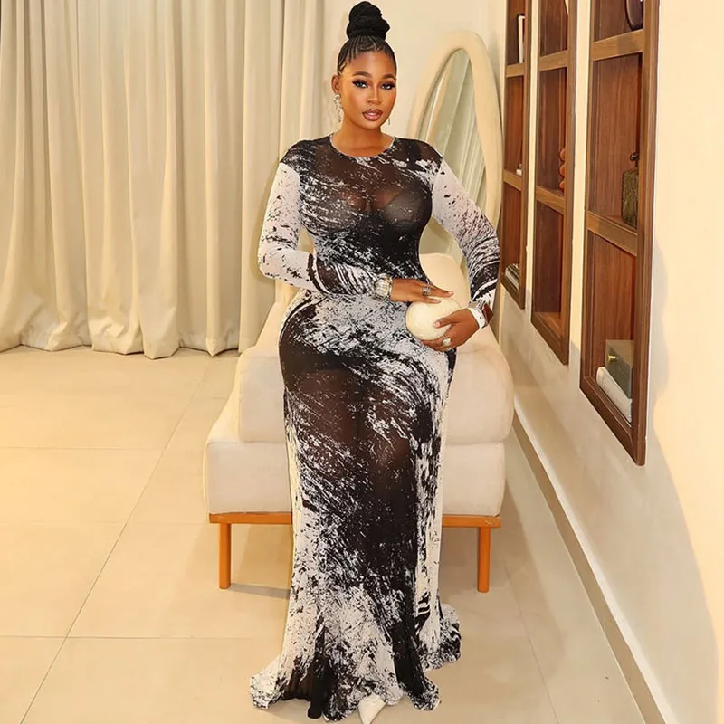 ชุดเดรสยาวรัดรูปพิมพ์ลายเซ็กซี่ ผ้าซีทรู สำหรับผู้หญิง ทรงเข้ารูป ยืดหยุ่น เหมาะสำหรับงานปาร์ตี้กลางคืน แขนยาว คอทรงโอ ชุดเดรสวันเกิด