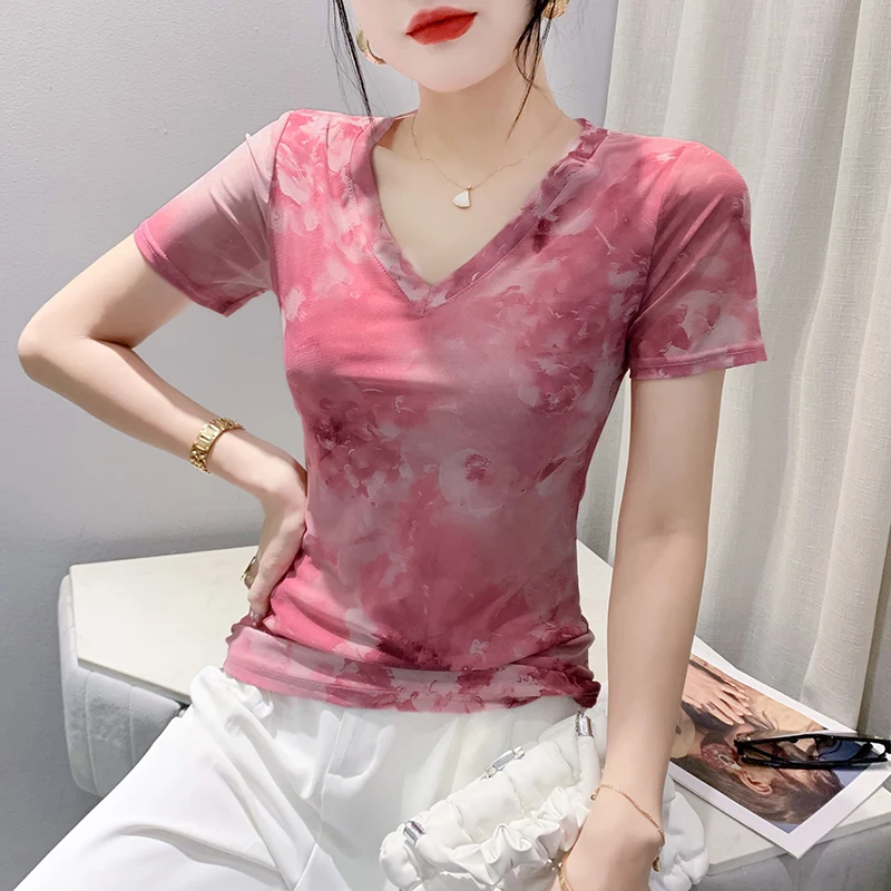 MadBlack Summer European Clothes Tshirts Ladies Sexy V Necks Print Slim Mesh Tops Short Sleeve Office Workwear Tees T37119JM