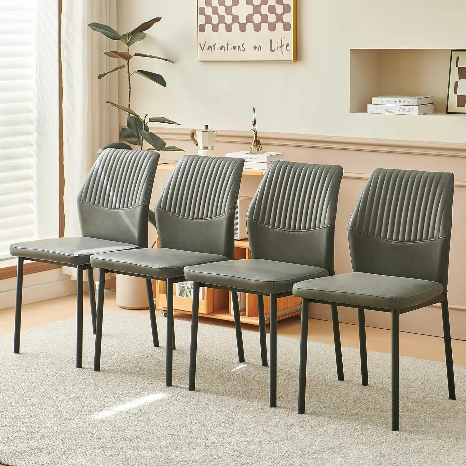 Dining Chairs Set Of 4, Modern Mid- Kitchen Chairs Upholstered Leather Pu Grey Living Room Chairs Comfortable, Metal Legs