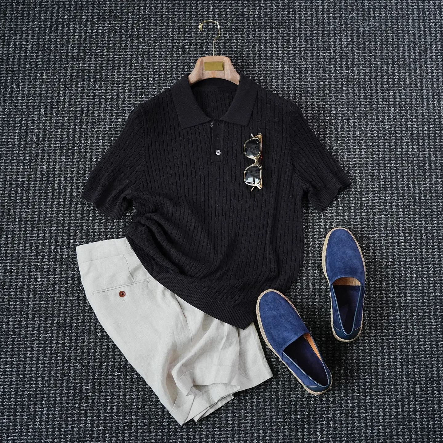 CssGent Summer Gentleman Elegant Fine Twist Linen Knitted Short Sleeve Polo Shirt Top Men's Old Money T-Shirt