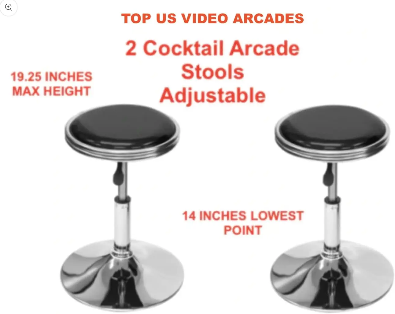 Arcade Bar Stools Set of 2, Adjustable Height, Leather Padded, Black Chrome, for Home, Garage, Man Cave