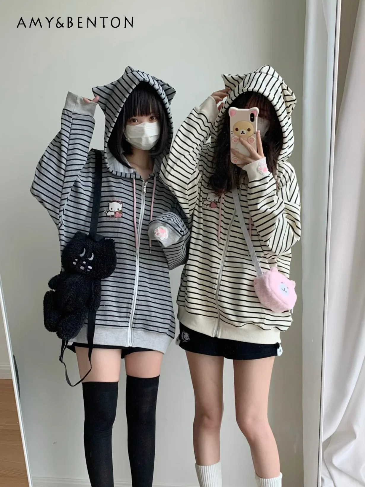 

Kawaii Cartoon Embroidery Striped Cute Cat Ear Y2K Hoodies Women Spring Autumn New Sweet Girly Style Loose Casual Zip Up Hoodie