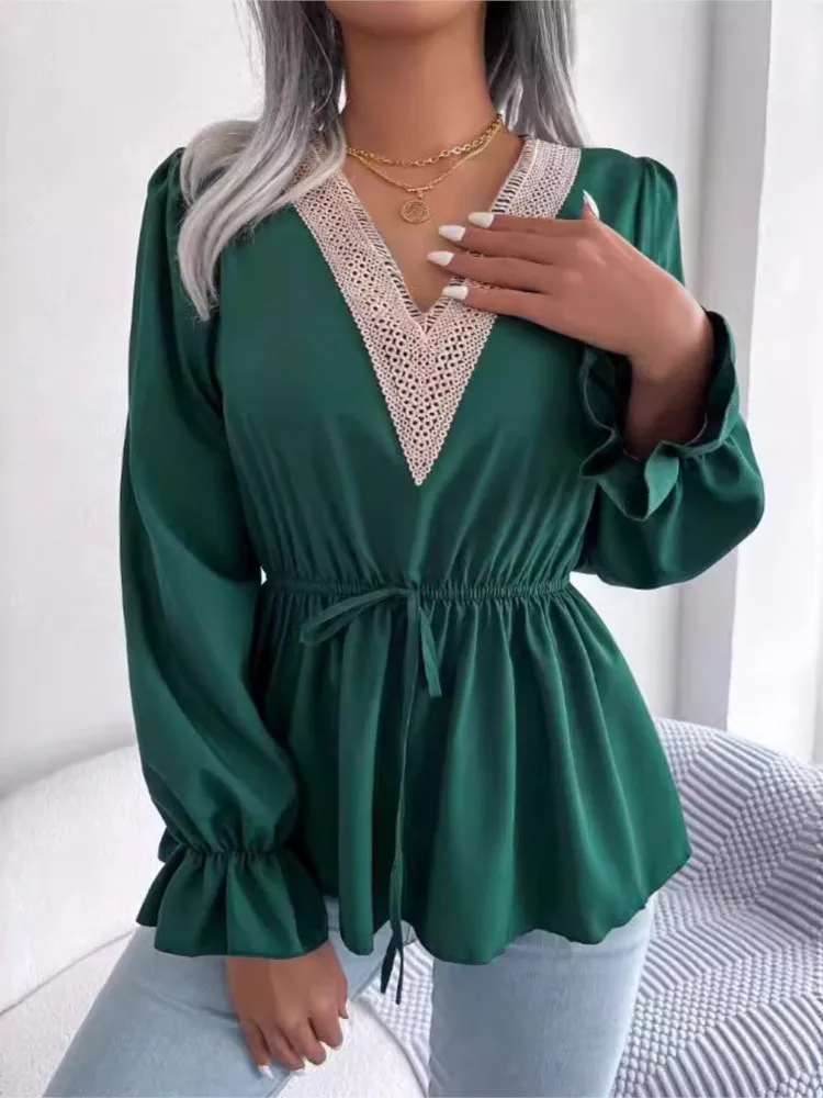 Spring Summer Women's New Sexy V-neck Fashionable Lace Patchwork Tie With Waist Cinched Ruffle Edge Long Sleeved Chiffon Shirt