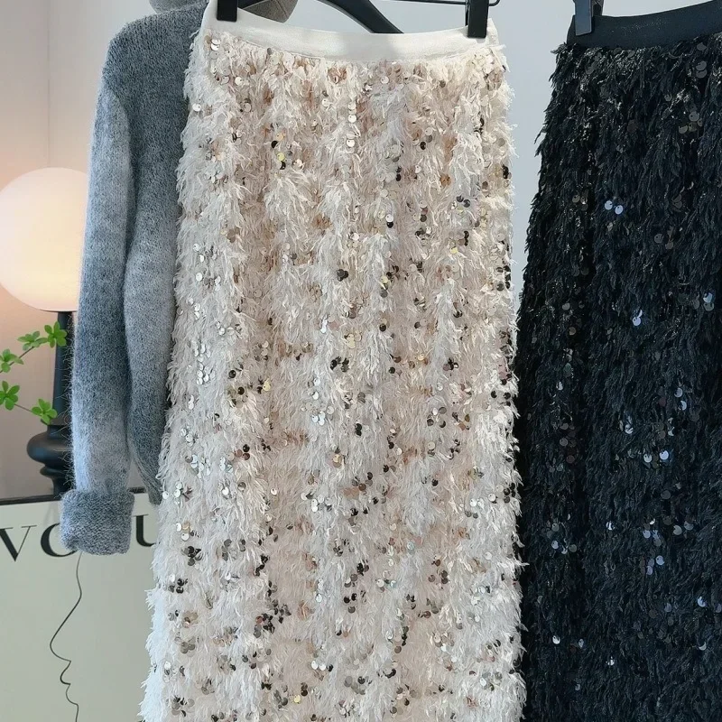 

Autumn Winter Skirts Women Solid Sequins Thick Elegant Long Skirt Korean Fashion Warm Sweet Faldas Mujer