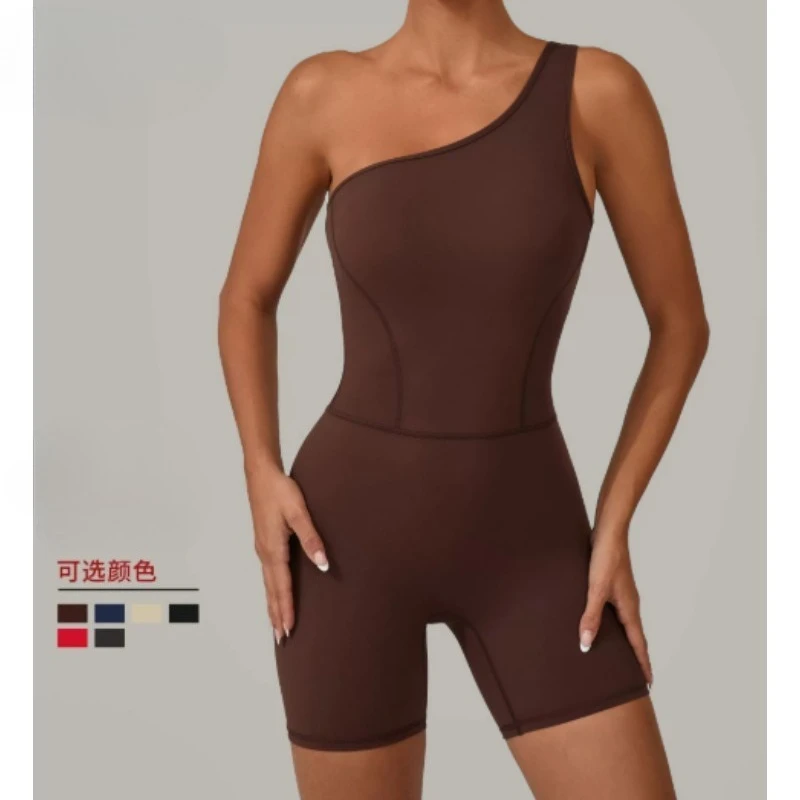 

Женский бесшовный комбинезон для йоги с наклонными плечами, облегающий эластичный комбинезон для фитнеса и тренировок в тренажерном зале, бега