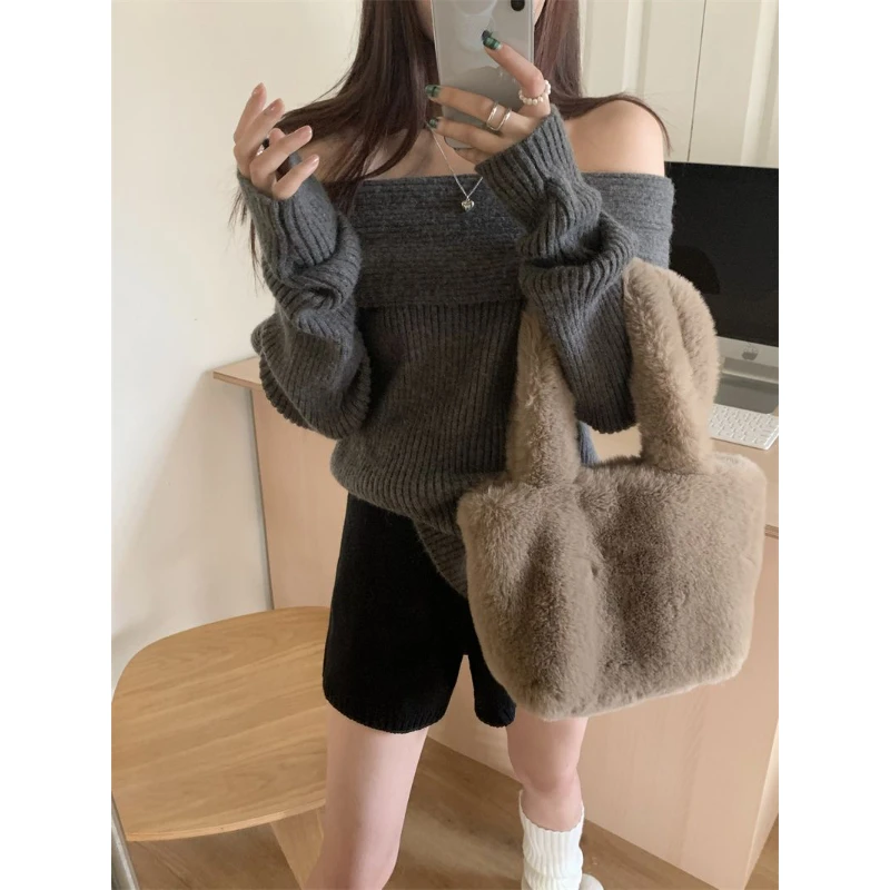 2023 Elegant Sweater Women Korean Style Off Shoulder Knitted Female Jumper Vintage Autumn Knitwear Harajuku Fashion Pullover