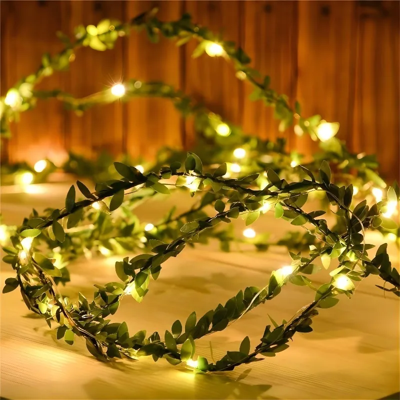 1pc LED Garland Green Rattan Vine String Lights 6.56ft DIY Simulation Garland Artificial Flower  Party Supplies Without Battery