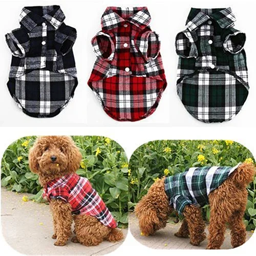 Pet Clothes Dog Shirts British Style Plaid Warm Fleece Thicken CoatWith Traction Ring for Small Medium Puppy Chihuahua Clothing