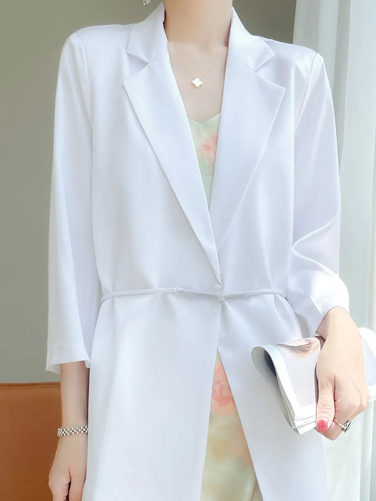 Sommer Neue Sle frauen Anzug Jaet V-Ne Belted Svel Satin Acetat Faionable Lose Fit Reine Farbe Vielseitig