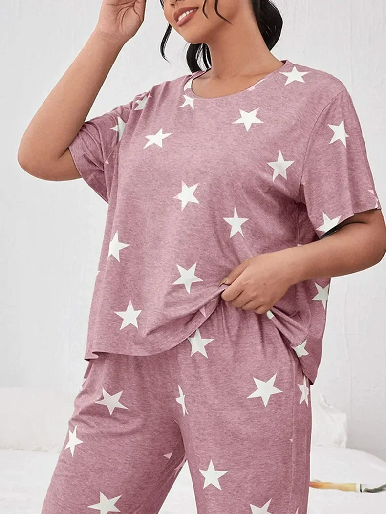 Two pieces -autumn and winter new leisure home clothes short -sleeved pants star full printed pajamas lady