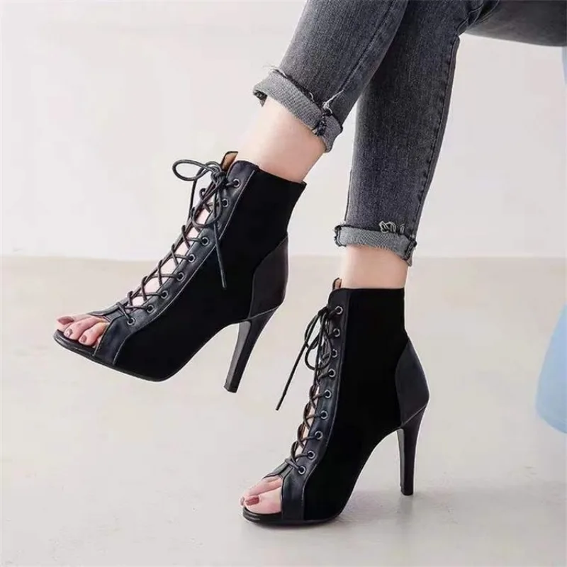 Sandals Hollow Mesh Heels Women\'s Shoes Summer 2024 Trend Black Lace-Up Sexy Peep Toe Boots Stilettos Jazz Dance Female Shoes