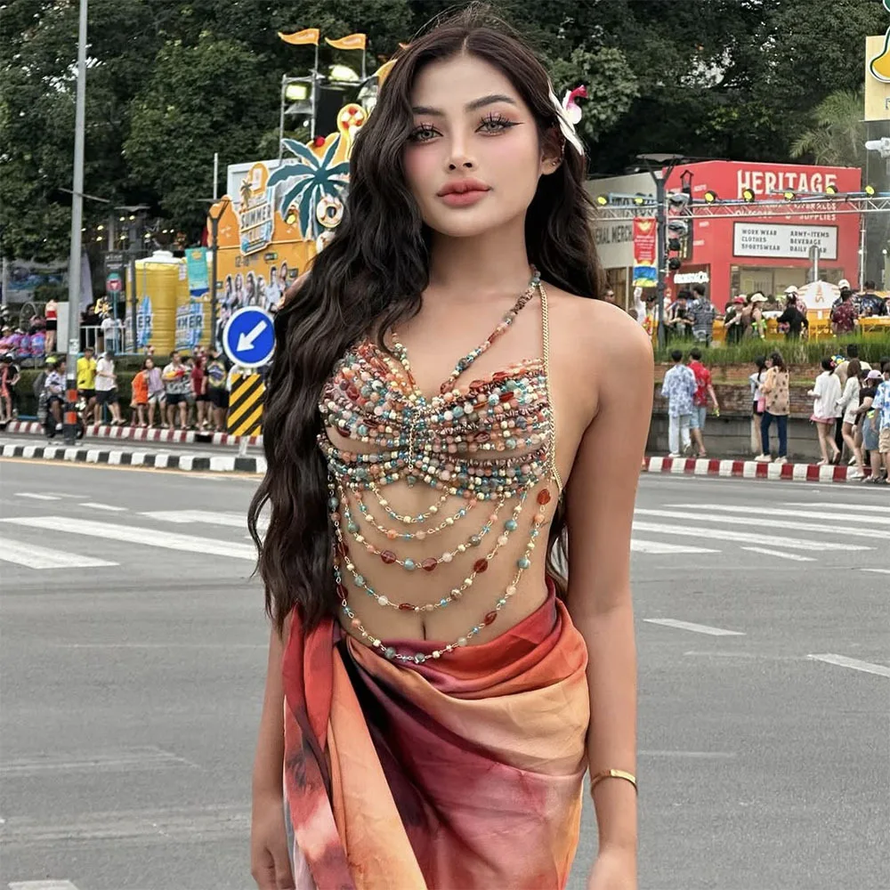 

Colorful Beaded Body Chain Bra Boho Festival Rave Halter Top Sexy Belly Dance Jewelry Harness Beachwear Accessories for Women