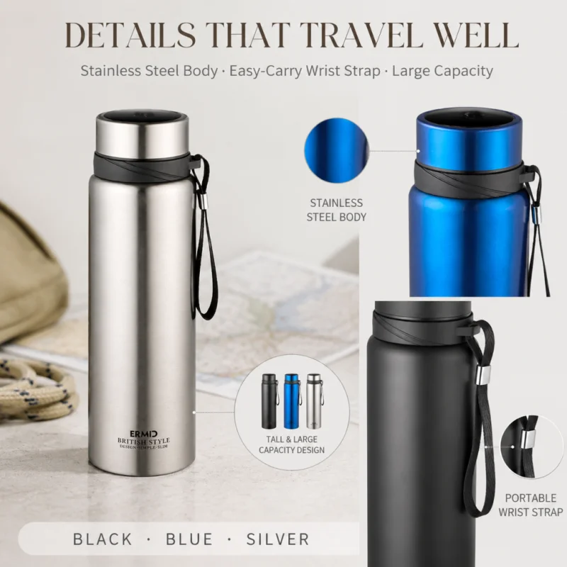 Stainless Steel Insulated Water Bottle Large Capacity Portable Travel Thermos Flask with Lanyard Outdoor Sports Thermal WaterCup