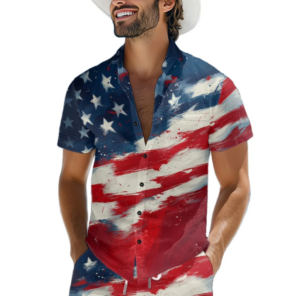 

Vintage Patriotic American Flag Hawaiian Shirt Men 4th of July Distressed Star Print Button Up Tops Casual for Independence Day