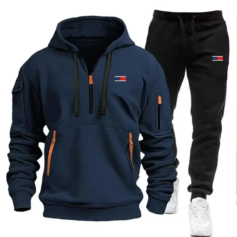 New Men\'s Sets Tracksuit Hoodie Pants Arm Pocket Zipper Fashion Outdoor Jogging Sportswear Designer Clothing Man Suit Large Size