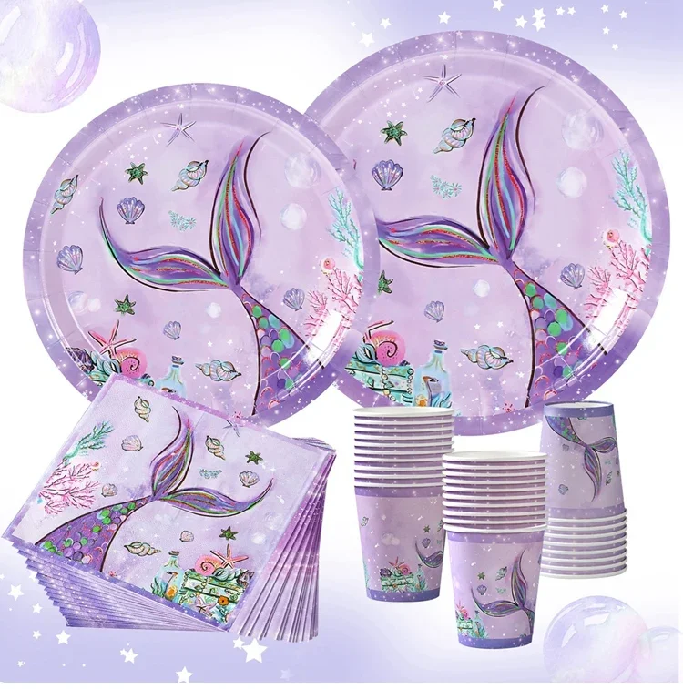 Little Mermaid Birthday Party Decoration Home Party Supplies Plates Cups Napkins Balloon Festival Tableware Supplies