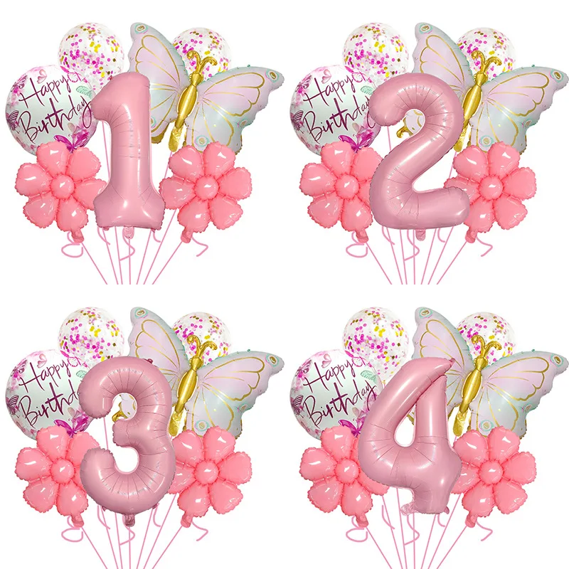 Pink Numbers Butterfly Balloon Set Decorate Children's Birthday Party Carnival Setup Wedding Baby Shower Valentine's Day Decors