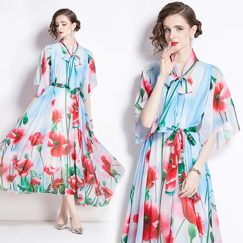 

2024 New Summer Women's Loose Printed Dress Miyake Chiffon High-quality Belt with Oversized Swing Skirt