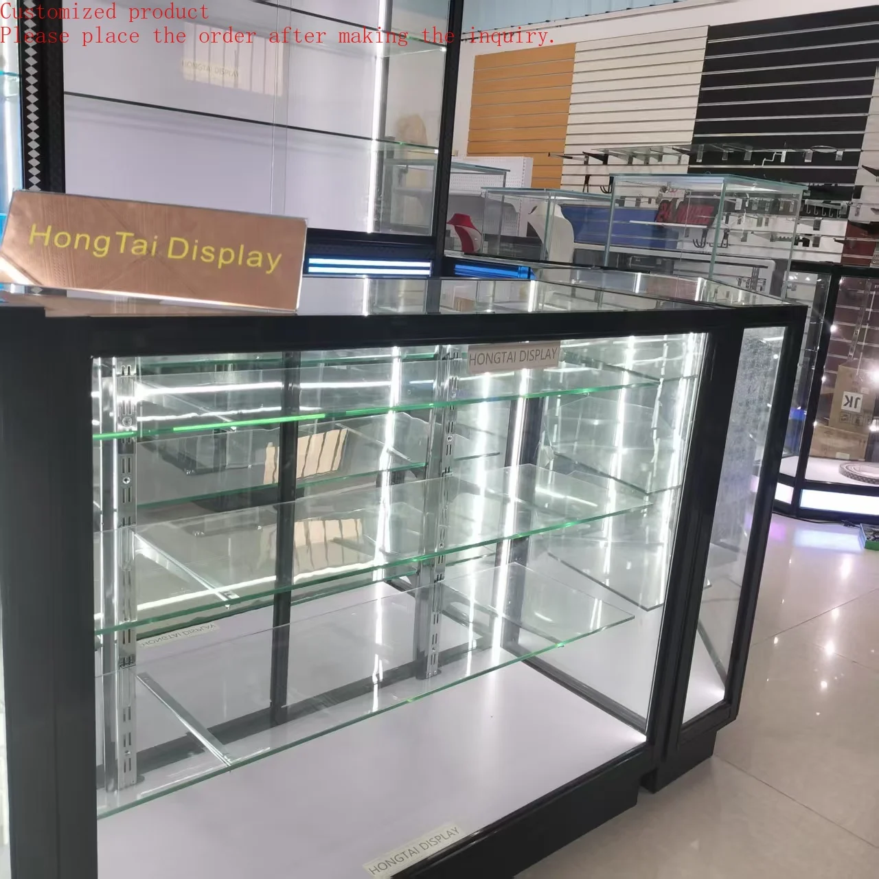 

Custom.Solid Tempered Glass Adjustable Shelf Glass Mirror Sliding Door Extra Vision Retail Store Display for Glass Display Cabin
