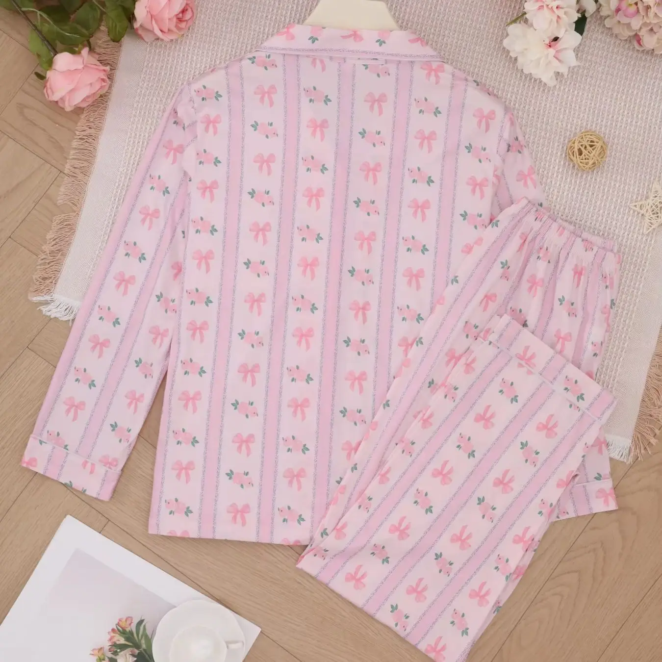 Girl's Heart Pink Striped Pajama Long Sleeve Long Pants Two Piece Set for Women's Casual Home Wear view 2