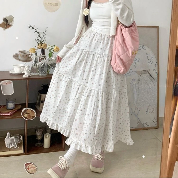 Sweet Fresh Floral Fungus A-line Skirt for Women High Waist Ruched Cake Skirts 2024 Summer New Mid-length Lloose Faldas Mujer