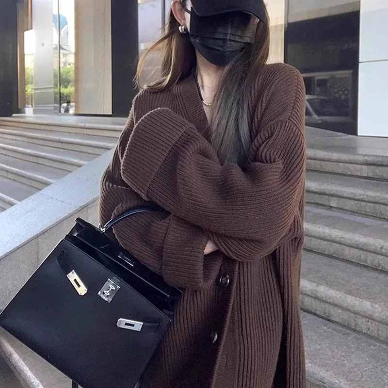 2025 Black V-Neck Sweater Coat for Women, New Autumn Soft Knitted Cardigan