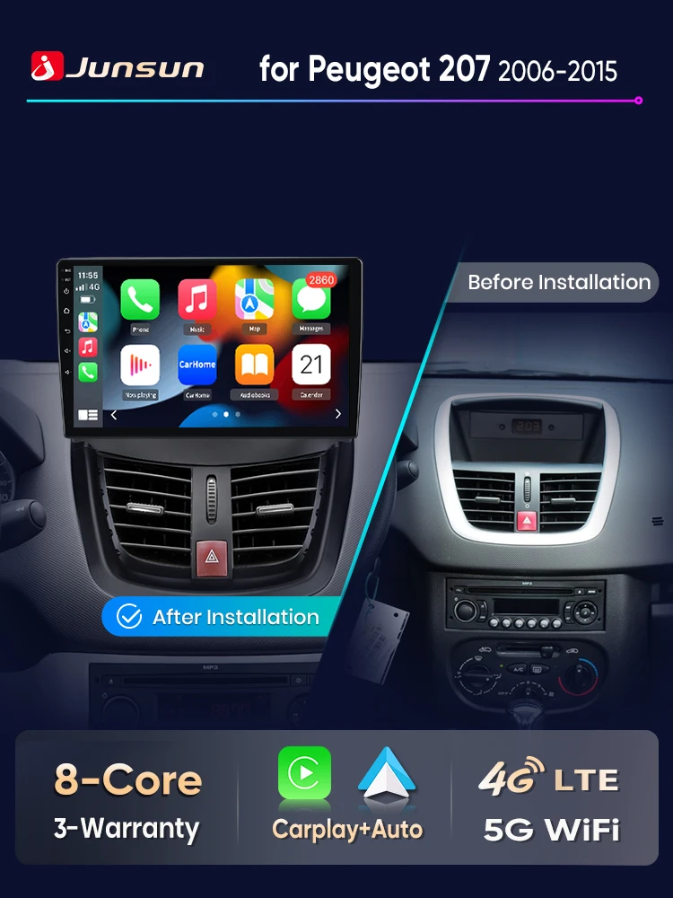 Junsun Android Auto Autoradio für Peugeot 207 207CC 2006 2007 2008 2009 2010 2011-2015 Multimedia Wireless Apple CarPlay Intelligente Systeme IPS Touchscreen Stereo Videoplayer 2 Din Autoradio Head
