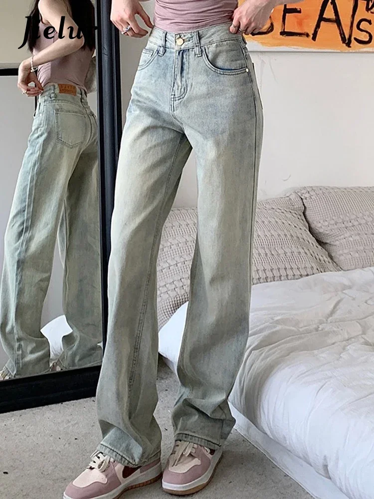 

Jielur High Street Loose Straight Women Jeans Vintage Slim Full Length Fashion Simple Female Wide Leg Pants American Style Jeans