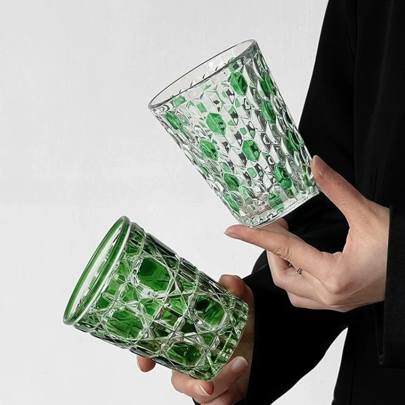 Vintage Diamond Emerald Glass, with High Aesthetic Value, Light Luxury Whiskey Cup, Coffee Cup, Table Decoration Gift