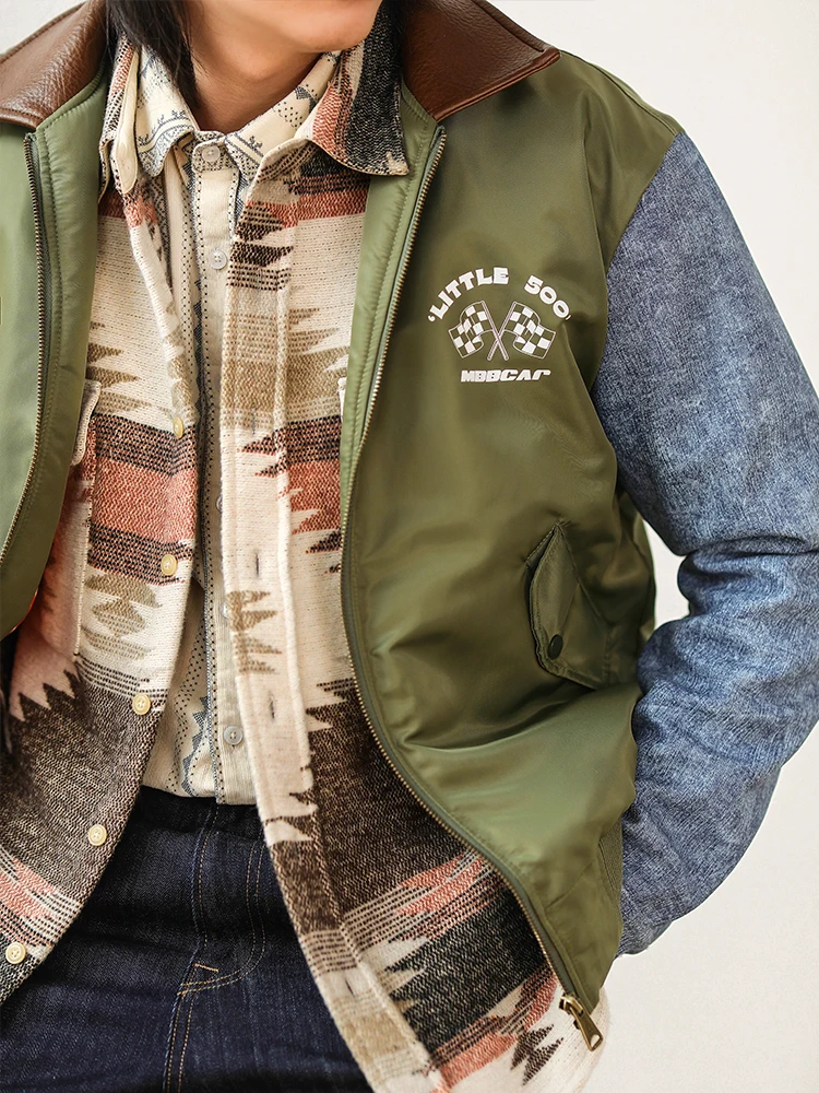 

MBBCAR Thiened Narrow Denim Sve Patchwork Pilot Racing Jaet American Retro Outerwear Youth Winter Warm Zipper Coat