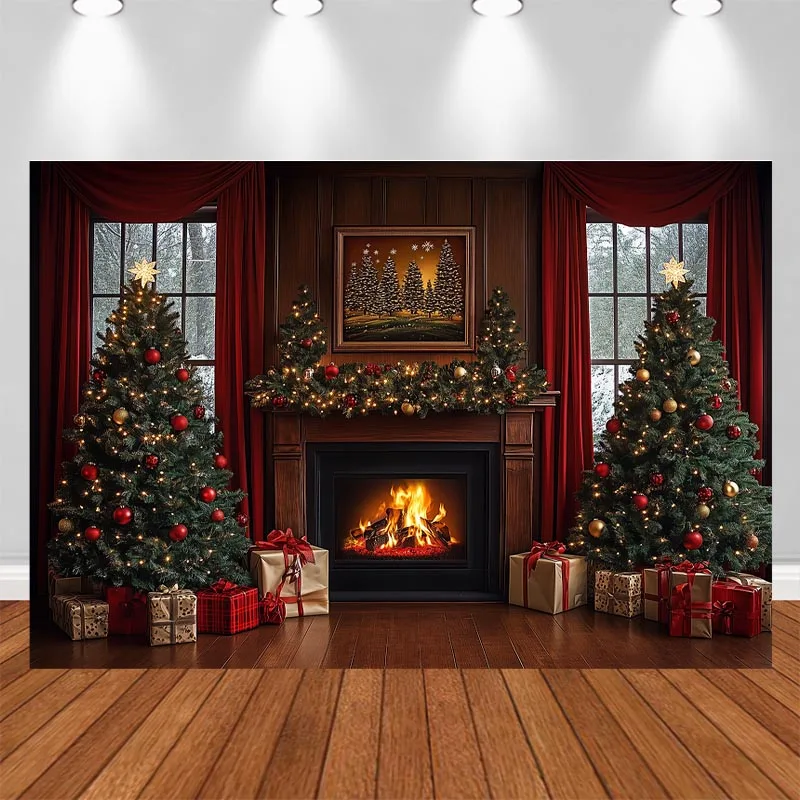 LS Photography Background Christmas Fireplace Bear Panel Wall Xmas Tree Kids Family Portrait Decor Backdrop Photo Studio