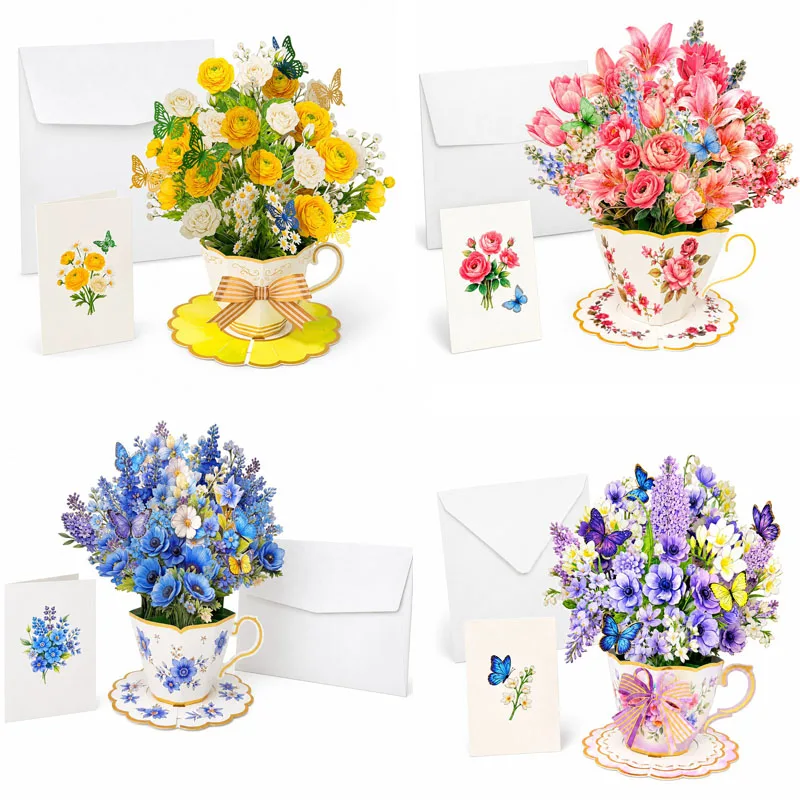 3D Pop Up Teacup Flower Greeting Card Teacup Bouquet Paper Premium Floral Bouquet Tabletop Decor for Any Occasion Gifts