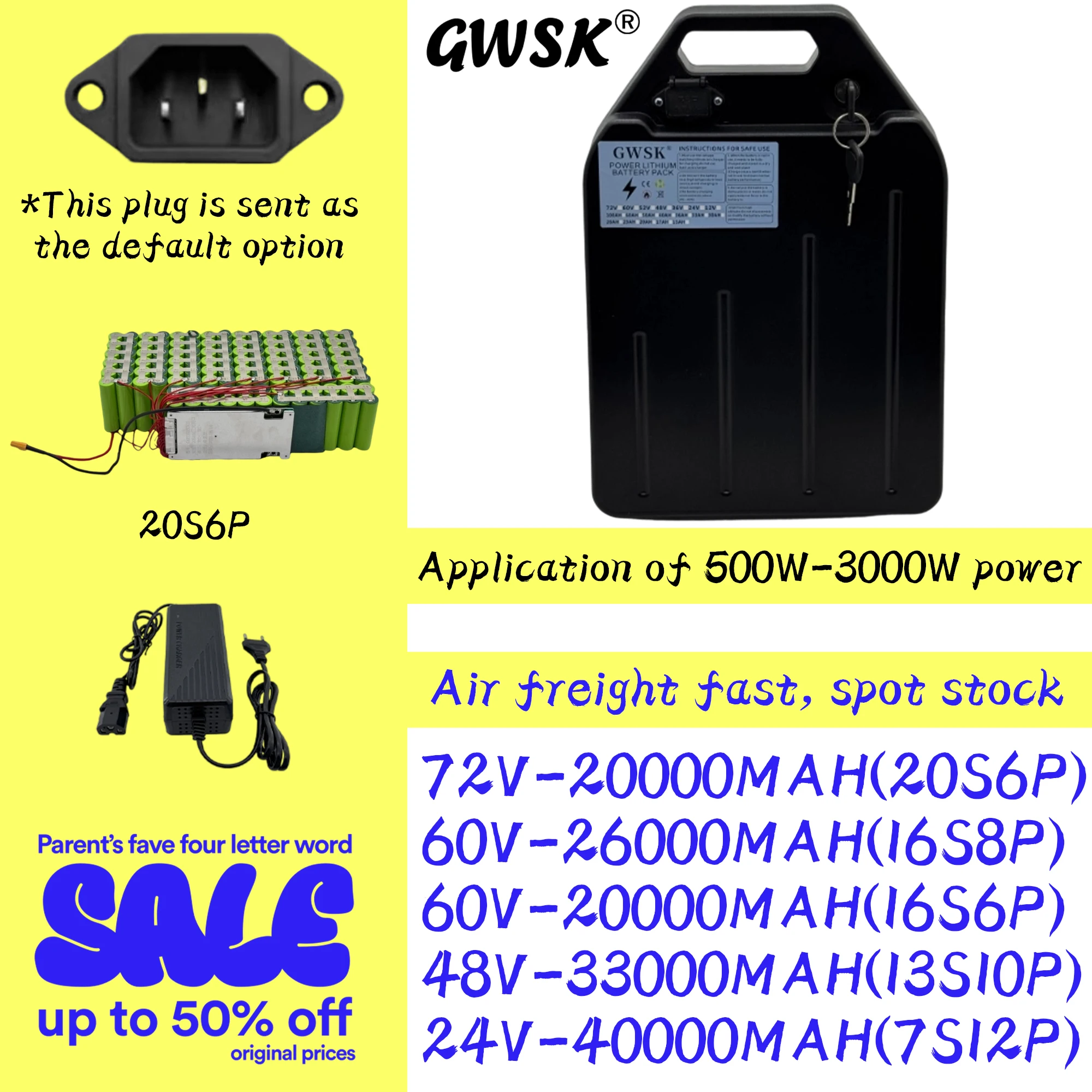 

Electric vehicle battery, 24V/48V/60V/72V18650 lithium battery, air freight, 100% full capacity, suitable for motors below 3000W