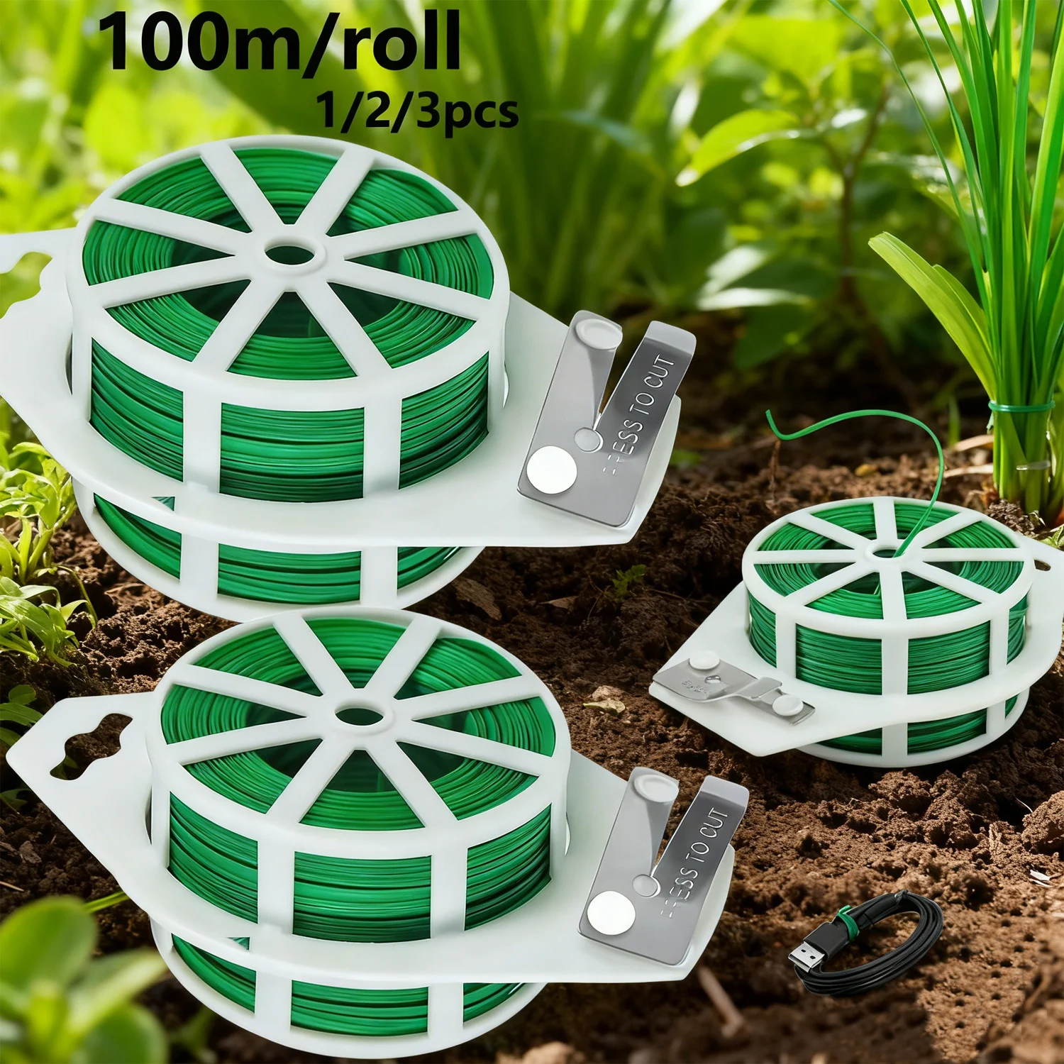 1-3pcs Twist Ties Plastic-Coated Cable Ties for Connecting Garden Plants or Office Cables Featuring a Convenient Built-In Cutter