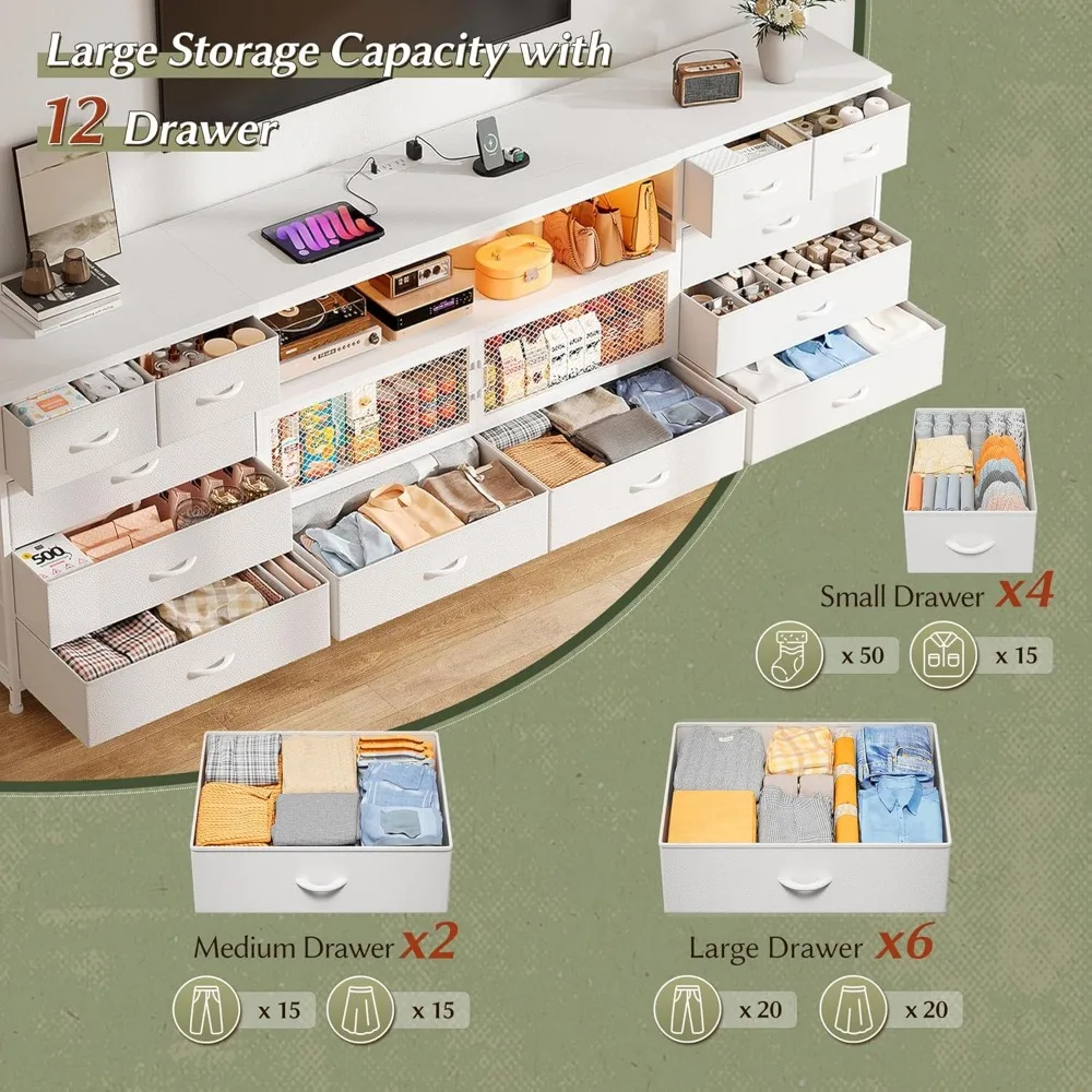 LED TV Stand for 85/80/75 Inch TVs with Charging Station, Sturdy Bedroom Dresser with 12 Fabric Drawers