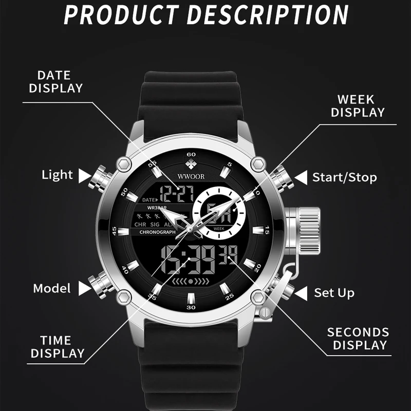 WWOOR – montre de sport numérique pour hommes, à Quartz, étanche, double affichage de la Date, à la mode