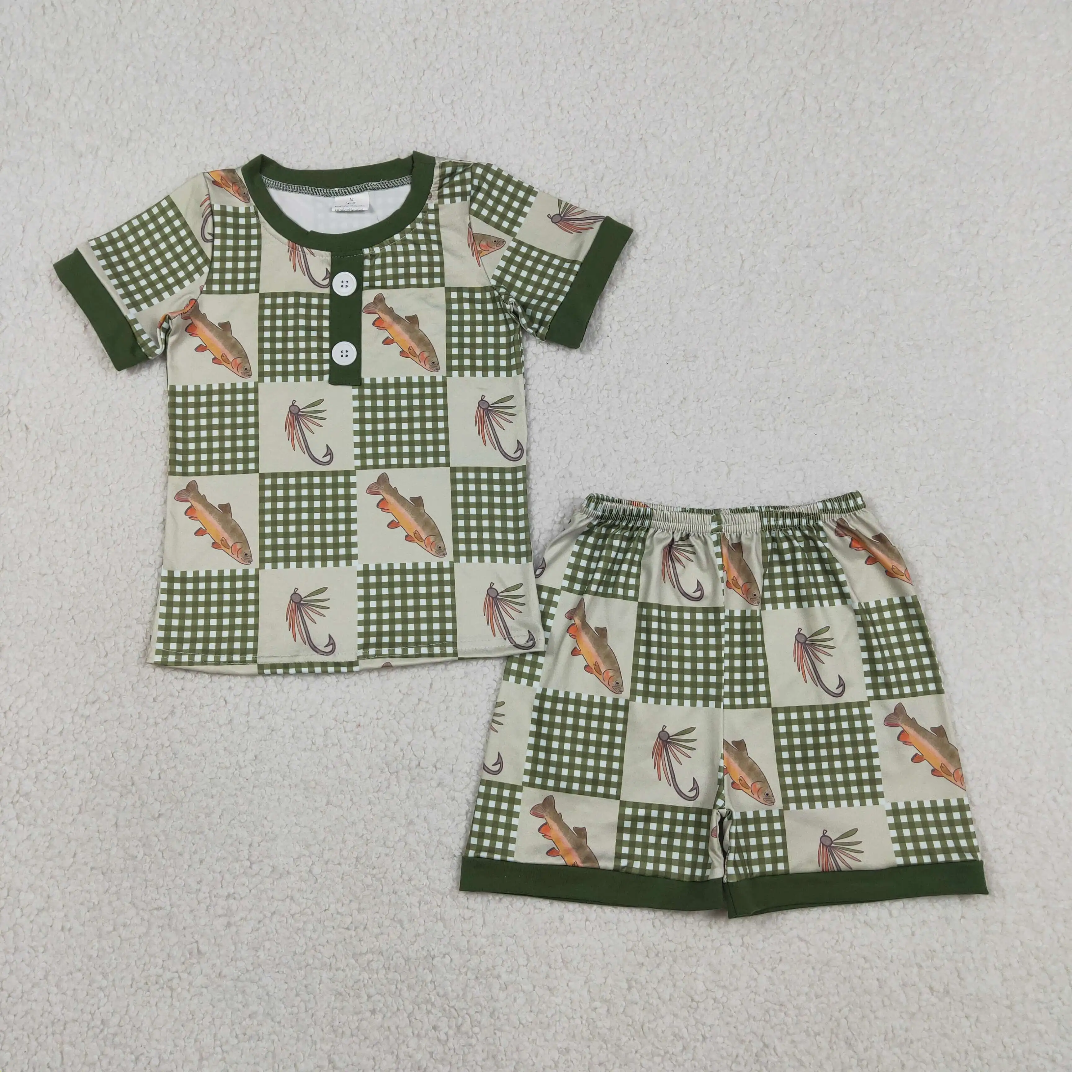 Conjunto de Verano para Bebé Niño al por Mayor, Camisa de Manga Corta con Botones de Pez y Pantalones Cortos a Cuadros Verdes con Patos para Niños Pequeños, Ropa para Niños