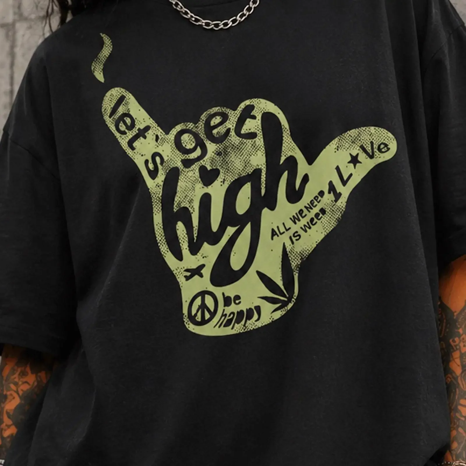 Shaka Hand Oversized T Shirt Grunge Y2K Streetwear Rave Festival tee vintage Washed Stretched fashion Slightly streetwear