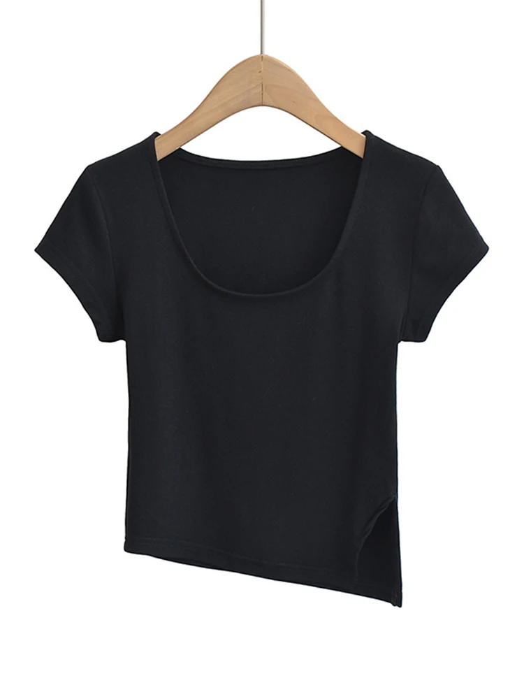 2024 Sexy Large U-neck Tight Mesh Red Top Irregular Split Skew Short Sleeve T-shirt