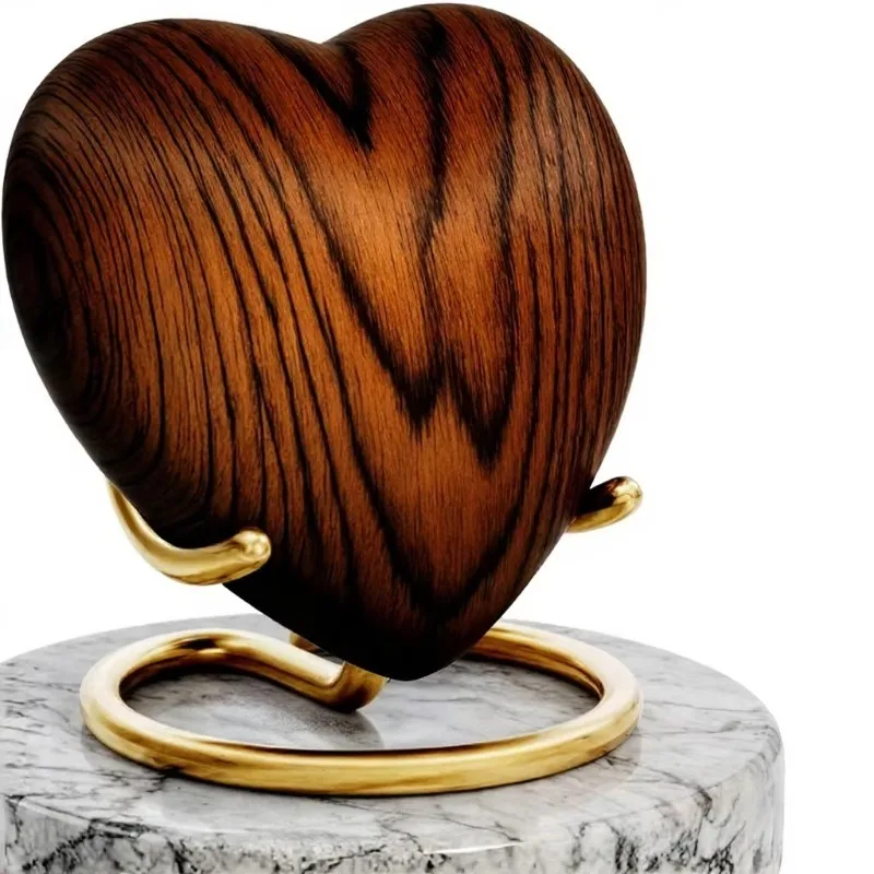 pet memorial Wood Grain Aluminum Heart Pet Urn with Gold Display Stand Mini Cremation Urn 3-4 Tbsp Capacity 4 Color Options