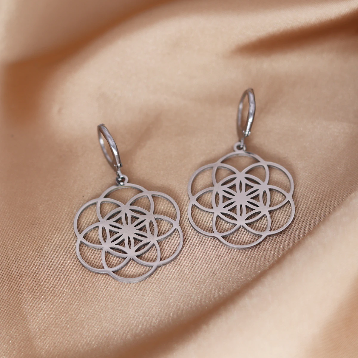 CHENGXUN Flower Of Life Hoop Earrings Six Leaf Clover Earring Stainless Steel Geometry Pattern Jewelry for Women