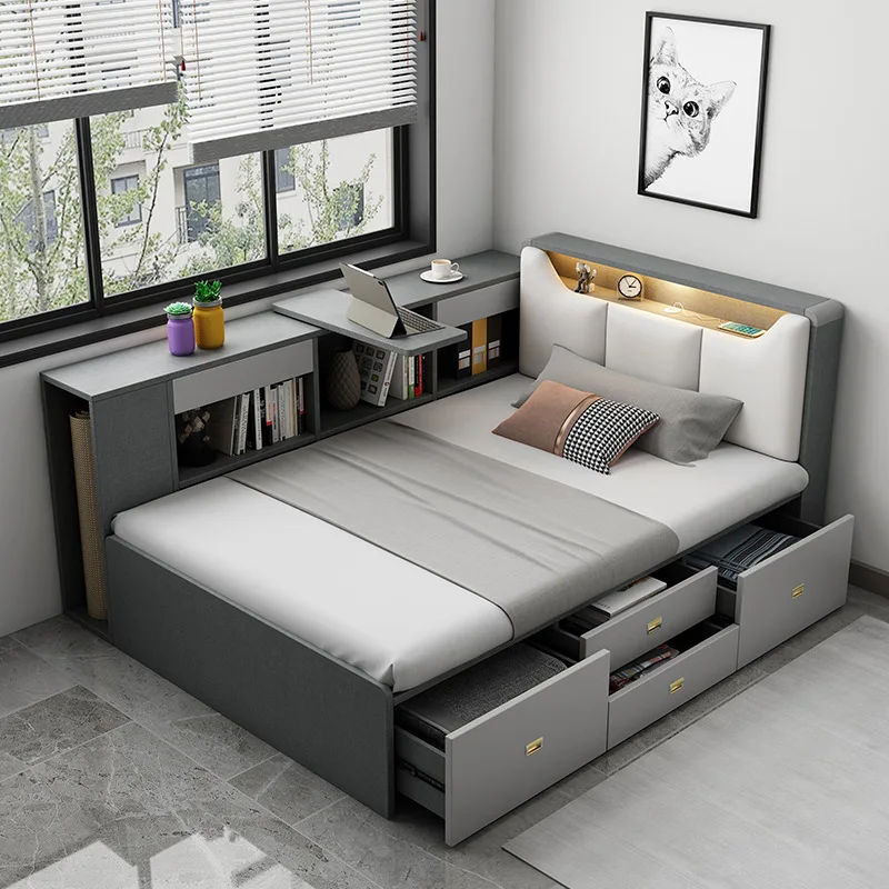 Modern space saving furniture bedroom functional storage single double storage children's faux leather twin beds