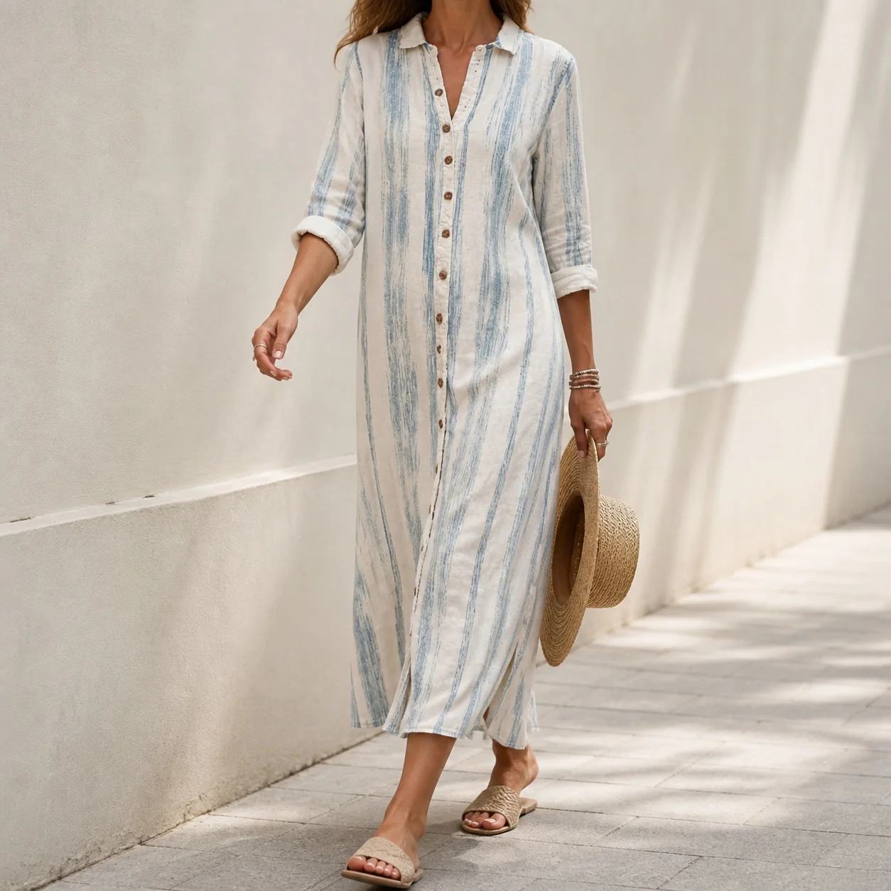 Striped Plaid Dress Mid Waist Literary Retro Straight Fit Long Sleeve Woven for Women Casual Dresses Travel Camping Party