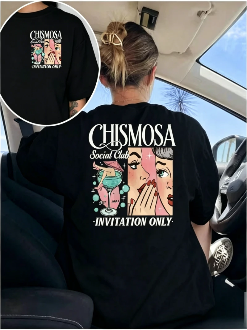 Chismosa Social Club Graphic T-Shirt - Latin Gossip Girl Retro Top, Crew Neck Short Sleeve for Casual Daily & Girls' Night Out