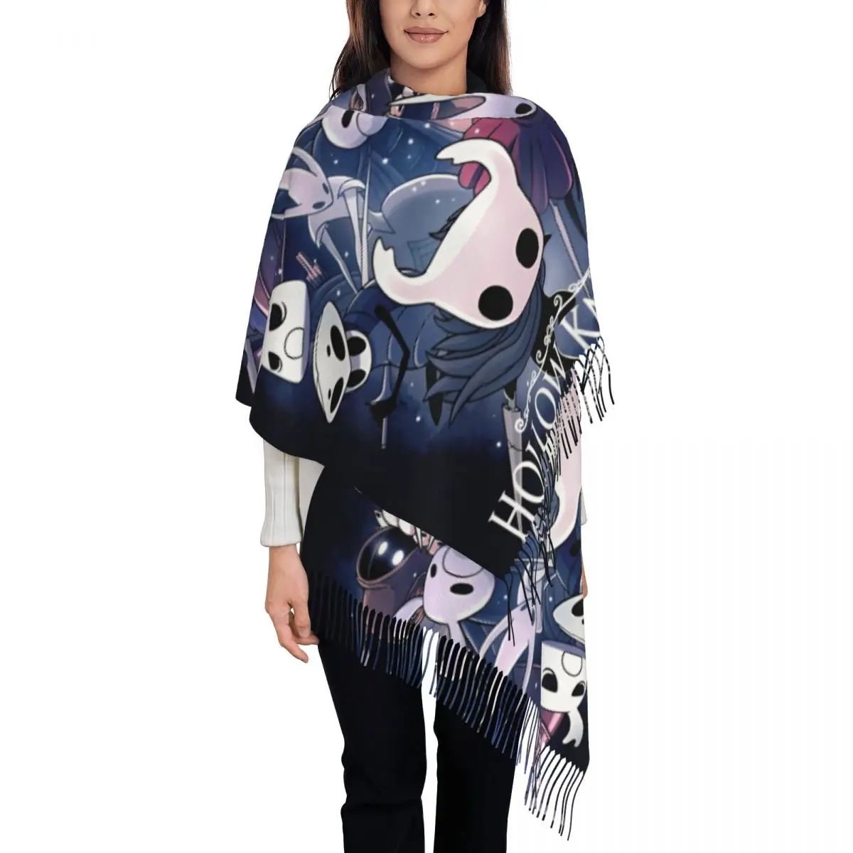 Women's Tassel Scarf Hollow Knight Game Large Soft Warm Shawl Wrap Ghost Skull Gifts Pashmina Scarves
