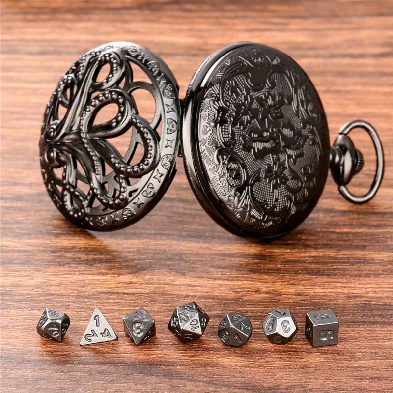 Retro Hollow Octopus Pocket Watch Case Pendant Chain with 7pcs Metal Polyhedral Dice Game Accessory